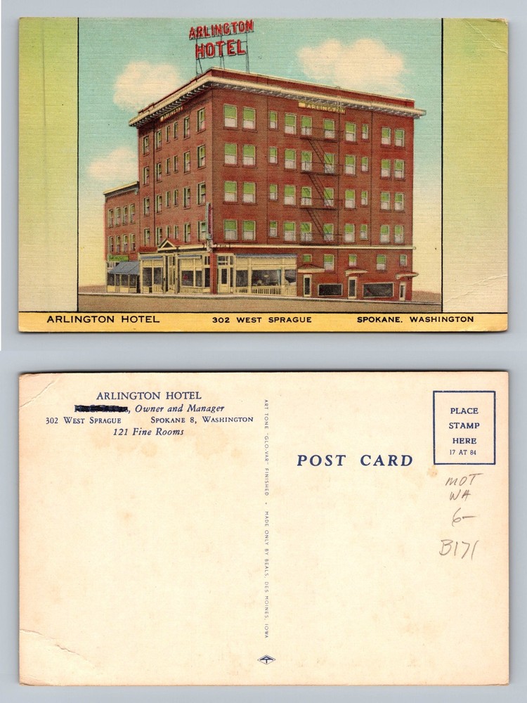 Spokane, WA-Washington, Arlington Hotel on West Sprague Old Vintage Postcard