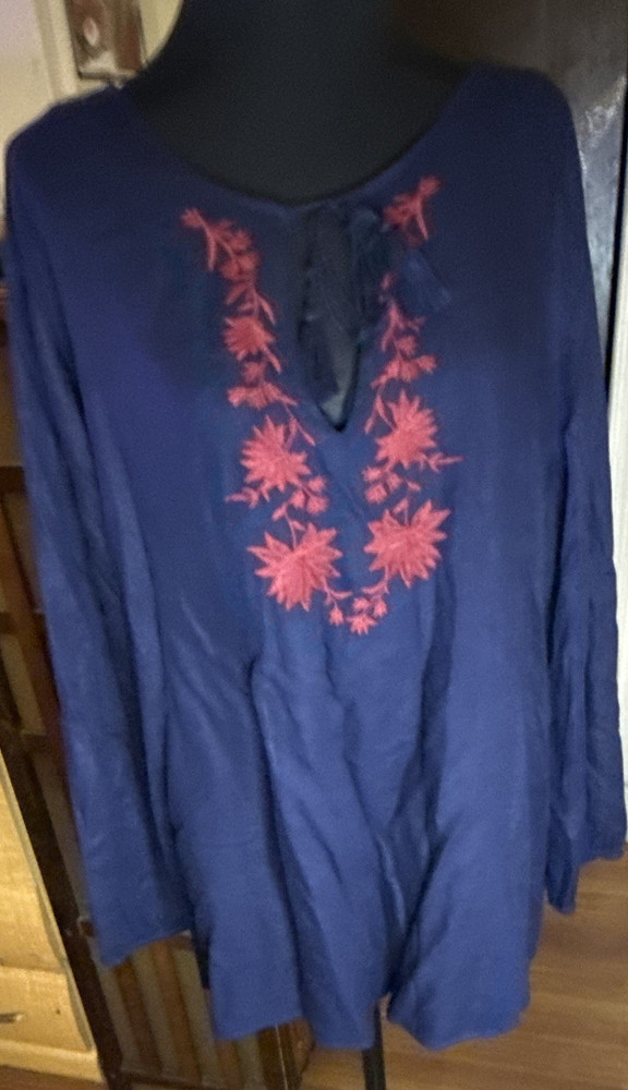 Old Navy Blue Floral Embroidered Tassel Tie V-Neck Long Sleeve Tunic Women's XL