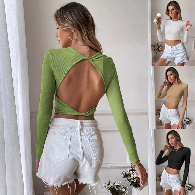 Women's Sexy Backless Casual Short Slim Knit Long Sleeve T-shirt Top Bottoming