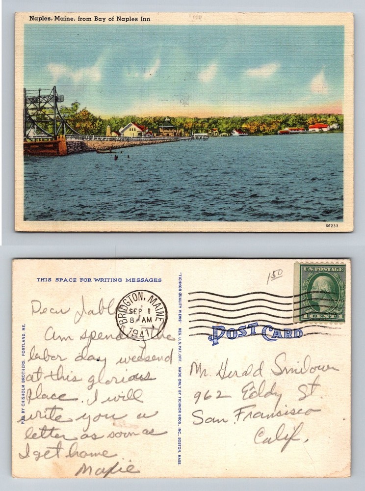 Naples, ME-Maine, Bay of Naples Inn Waterfront Scene Vintage c1941 Postcard