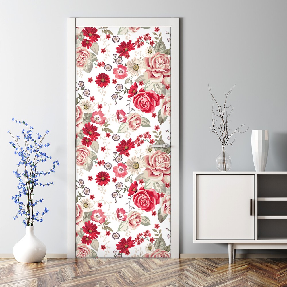 Pale Roses Red Floral Adhesive Wallpaper Decal for Doors and Walls  
