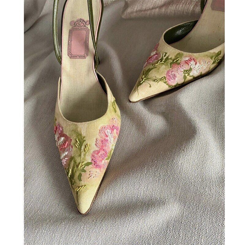 Elegant Floral Summer Dress Pumps for Women Party High Heel Sandals