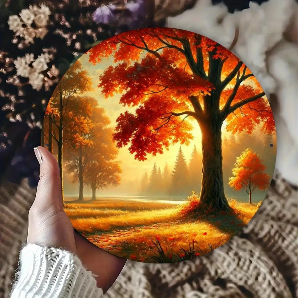 Autumn Landscape Round Aluminum Wall Art Vibrant Orange Golden Foliage