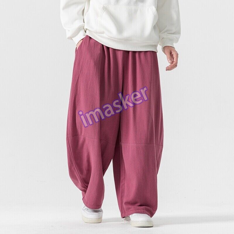 Men's Cotton Linen Harem Pants Casual Wide-Leg Comfort Fit