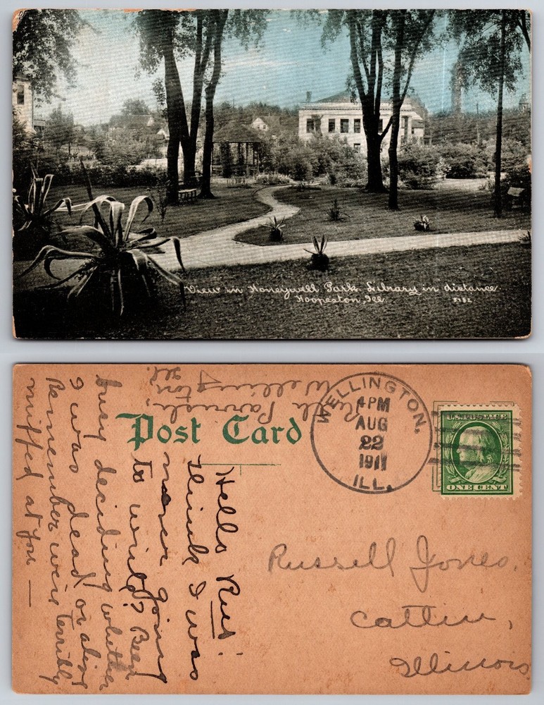 1911 Honeywell Park Hoopeston IL Library & Gazebo Vintage Postcard