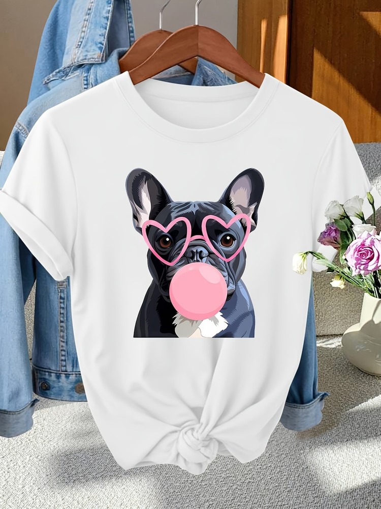 Women‘s Vintage Pink Puppy Bubble Gum Graphic T-Shirt Cute Dog Lover Tee