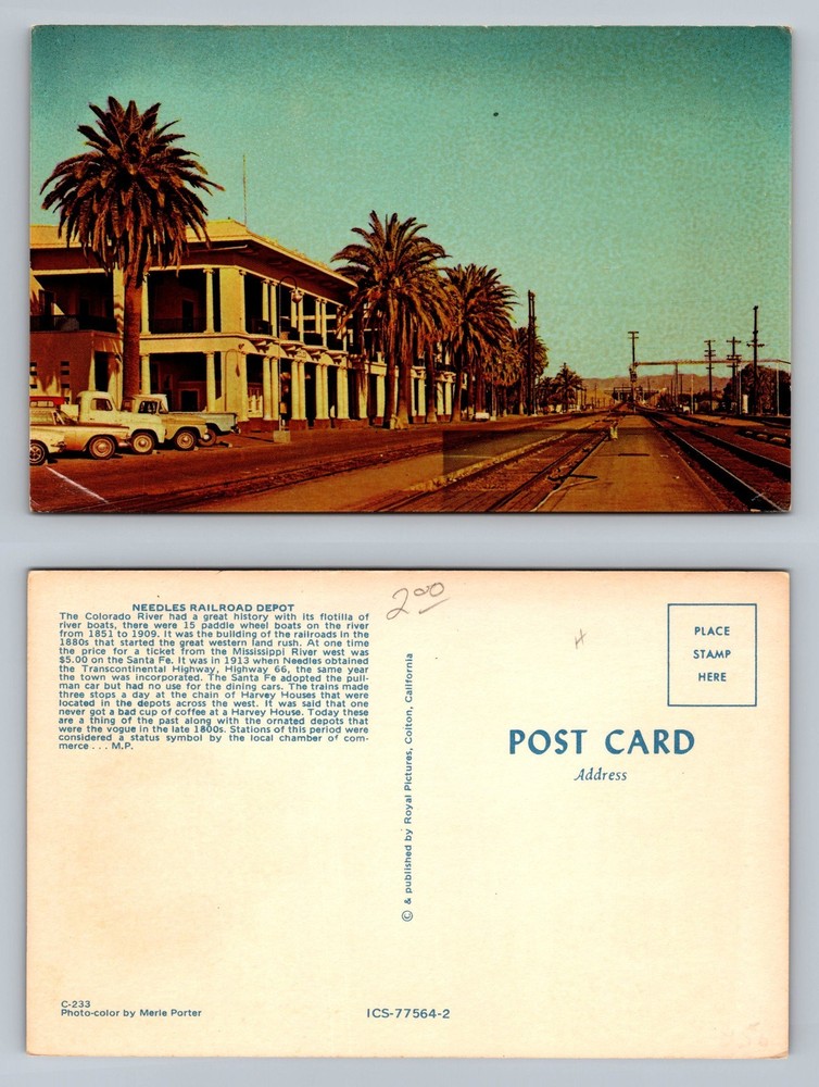 Needles, CA-California, Railroad Depot Palm Scene Old View Vintage Postcard