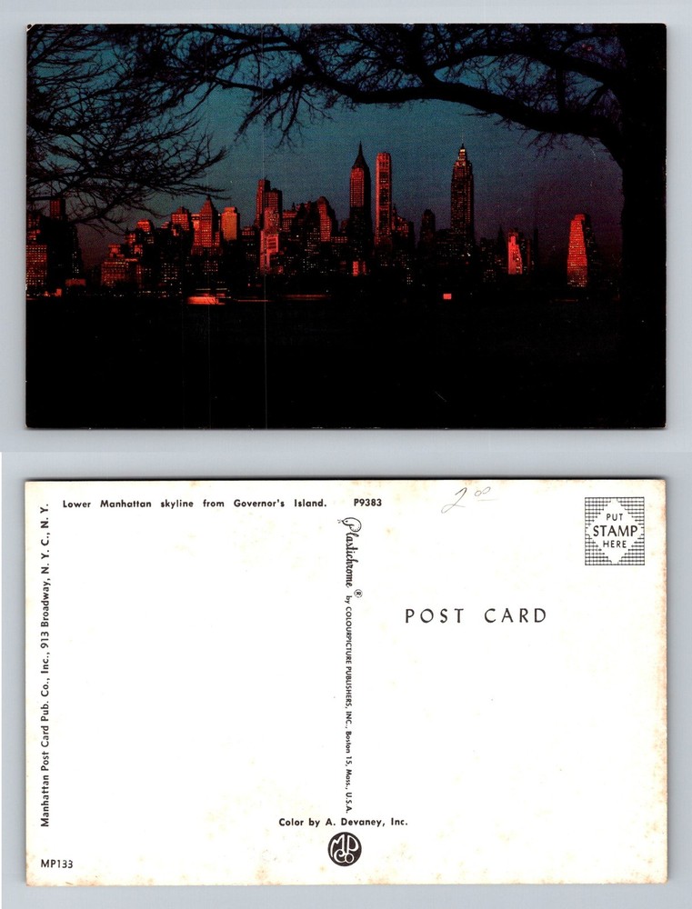 New York City NY, Lower Manhattan Skyline Night View Vintage Postcard