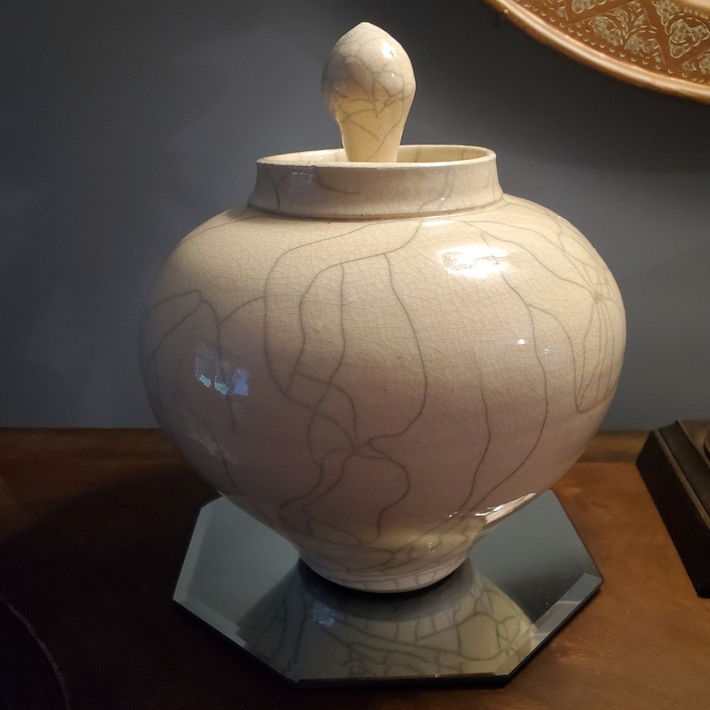 Rare Signed K. Gonzalez Raku Pottery Lidded Jar White Crackle Glaze VTG