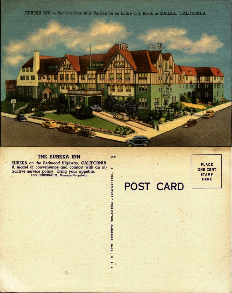 Eureka Inn Redwood Highway antique cars CA linen 1940s