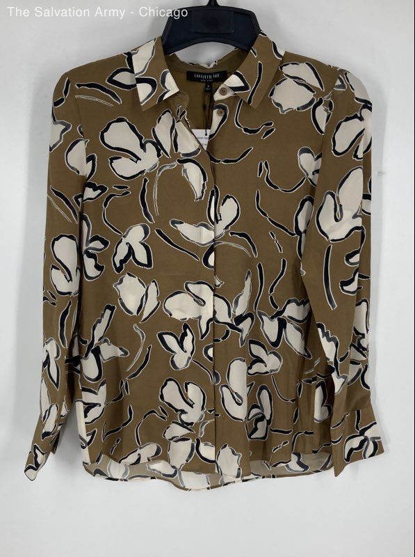 Lafayette 148 Womens Olive Green Black White Floral Button-Up Shirt Size Small