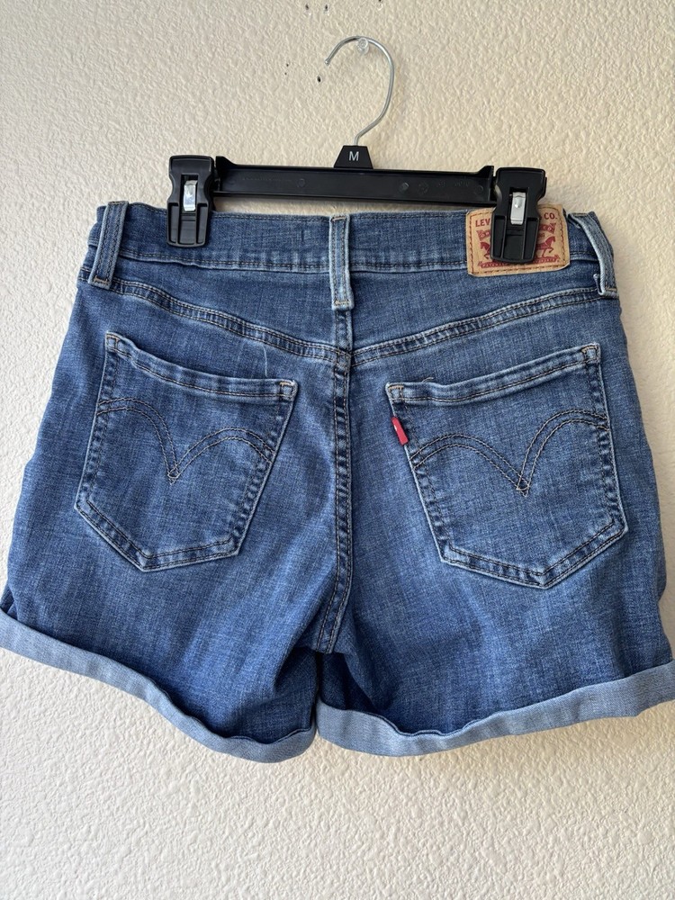 Levi's Women's Mid Length Denim Shorts Blue Distressed Cuffed Size 26 Stretch