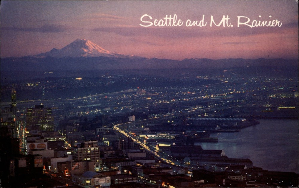 Seattle Mt Rainier Washington aerial view dusk ~ 1970s vintage postcard