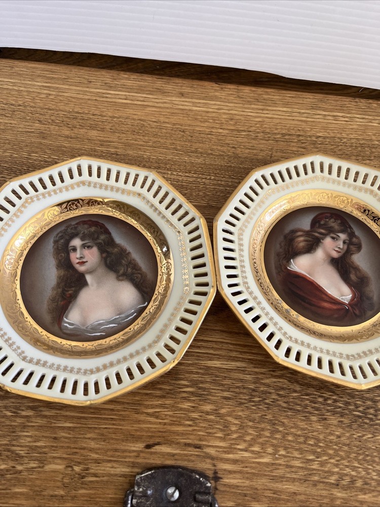 Set 2 Schumann Bavaria Elegant LADY  BUST PORTRAIT Plates Reticulated Edges