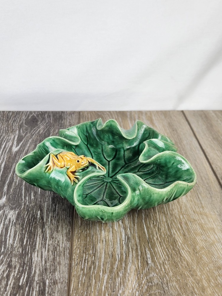 Antique Majolica Frog on Lily Pad Pottery Dish Green Cottage Garden Decor