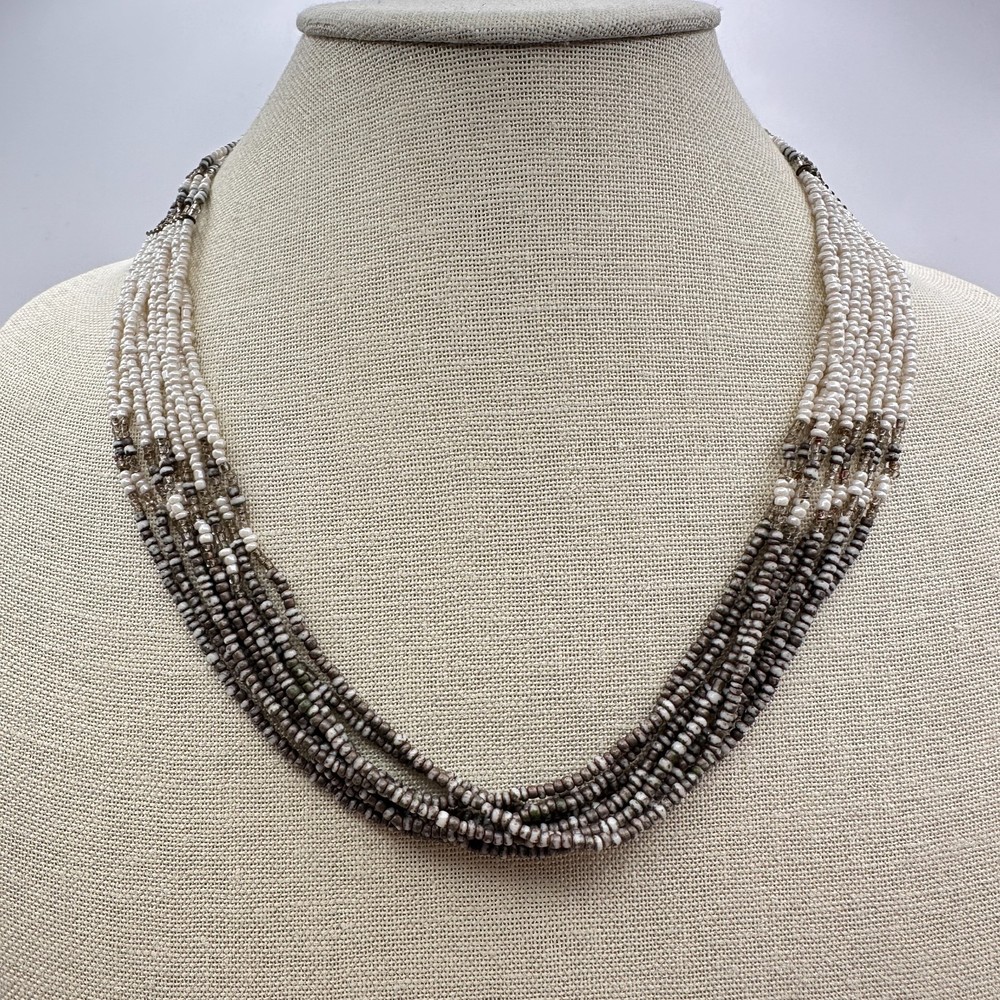 Vintage 80s Neutral Tone Multi Strand Seed Bead Choker Necklace Retro Jewelry