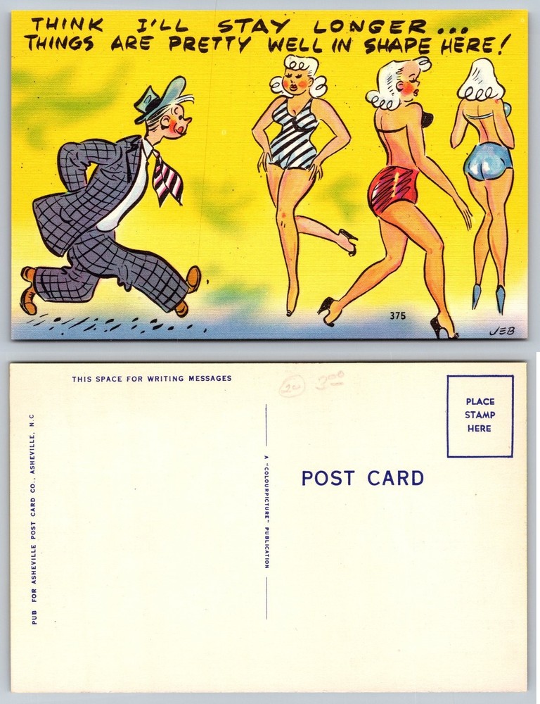 Vintage Humorous Risque Cartoon Postcard Man Women Swimsuits Linen Asheville NC