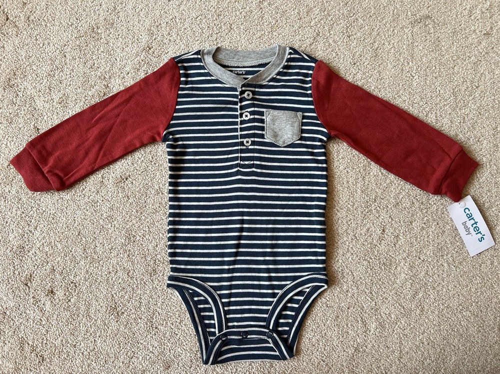 Carter's - Blue/White Stripe - Long Sleeve - Henley - One Piece - 12M - NWT