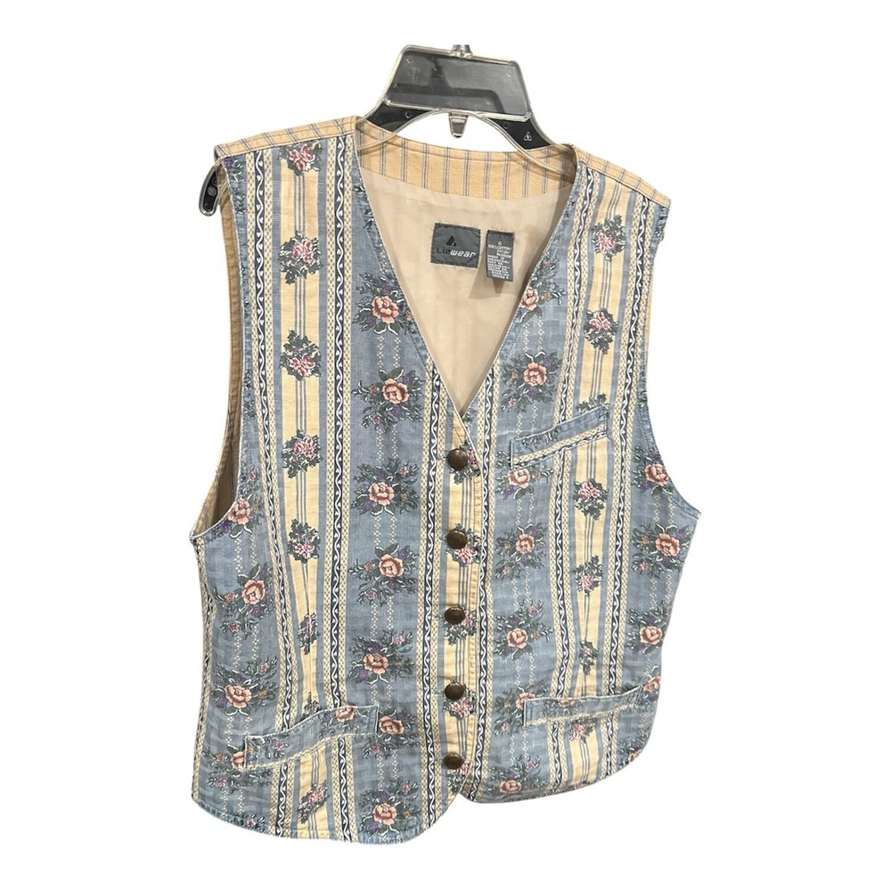 Lizwear Chambray Floral Vest Sz 6 Button Front Tapestry Vintage Y2K Cottagecore