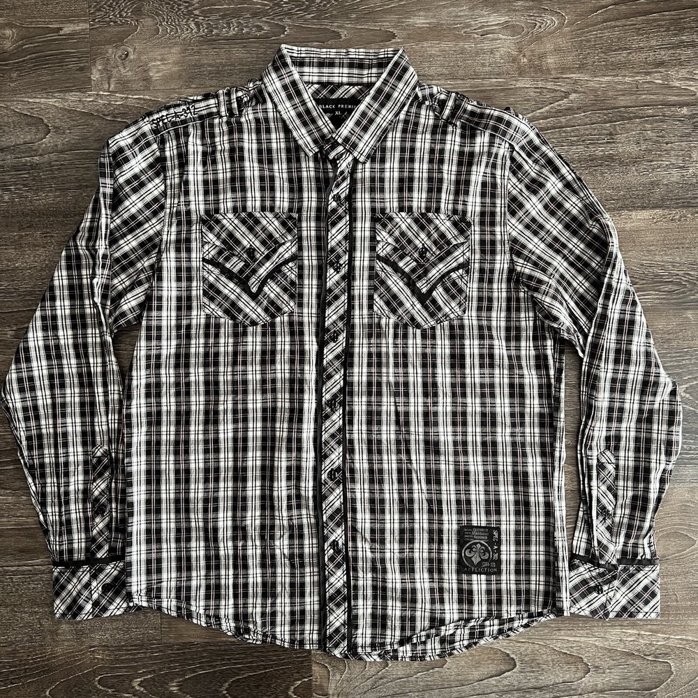 VINTAGE Y2K Affliction Black Premium Button Up Shirt Plaid Punk Chrome Hearts XL
