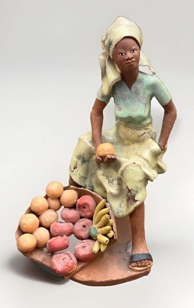 Jamaican Creole Woman Fruit Basket Red Clay Glazed Sculpture 1987 *5A