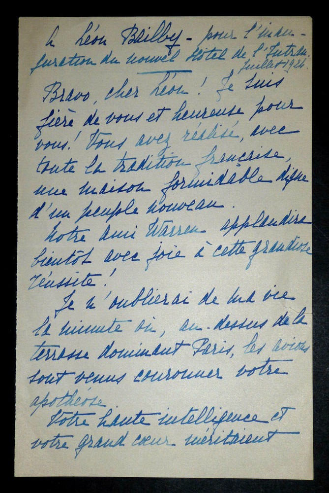 Cecile SOREL, Countess of Segur - AUTOGRAPH LETTER SIGNED to Léon BAILLY, 1924