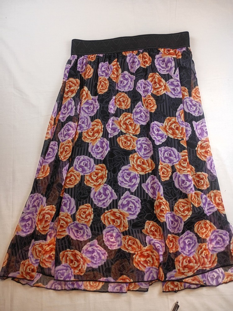 #1118 Lularoe Lola Floral Midi Skirt in Black with Purple & Orange Roses Medium