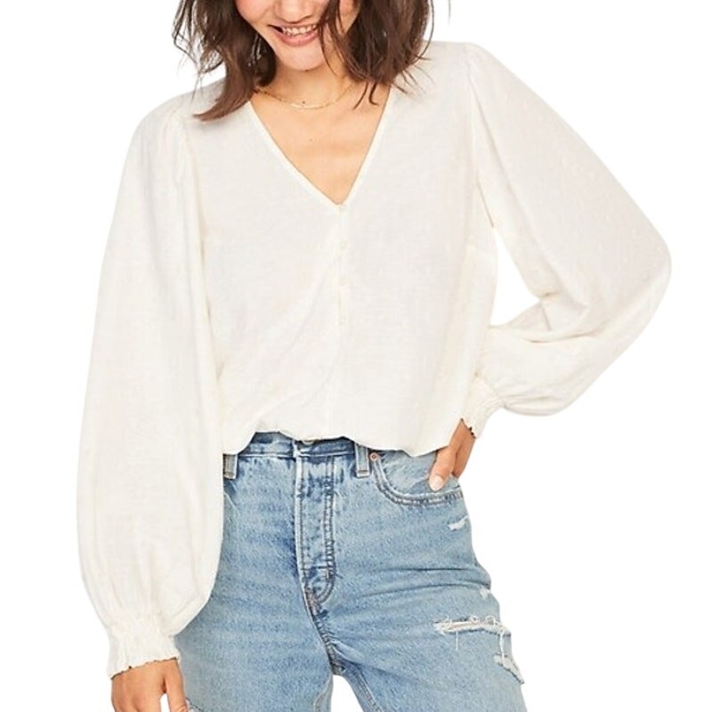 Old Navy Cream Embroidered Button Front Long Sleeve Clip Dot Peasant Blouse M