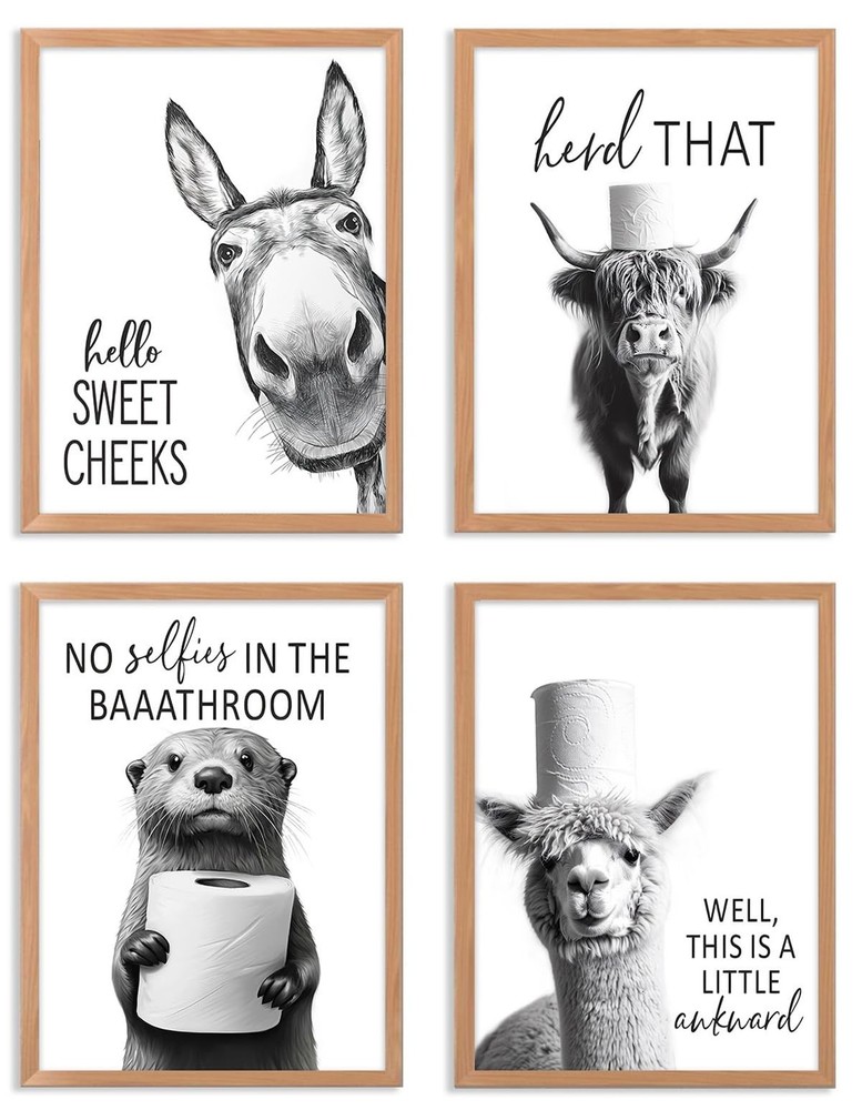 Funny Bathroom Wall Art Black and White Bathroom Signs Decor Rustic Donkey Co...