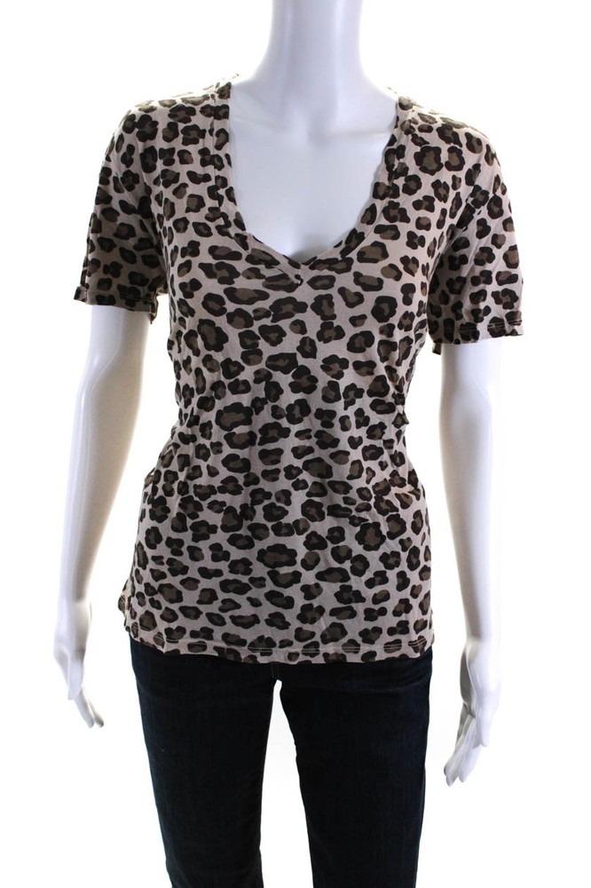 Monrow Womens Leopard Print V Neck Short Sleeve Top Tee Shirt Brown Size LargeFree Shipping in US $100+ Orders | $6.95 Orders Below
