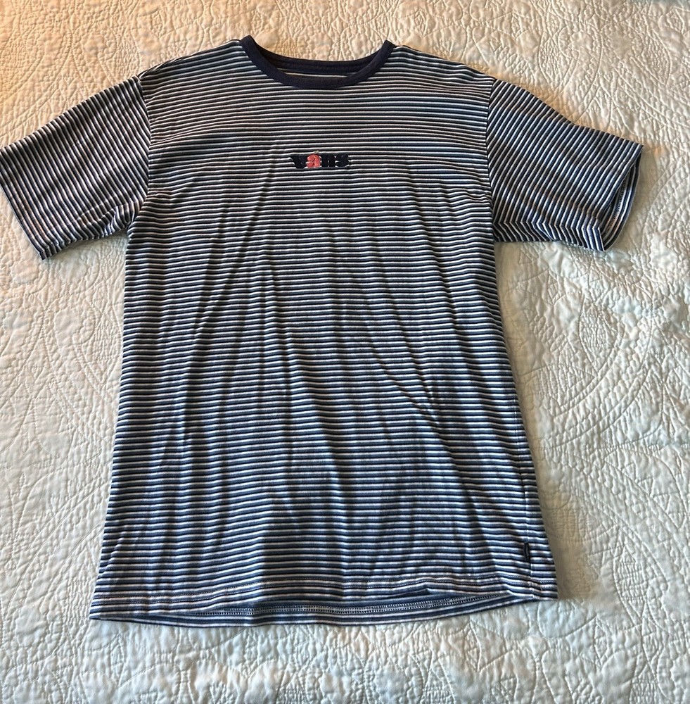 VANS Classic Fit Striped T-Shirt Men's Blue White M Crew Neck Cotton