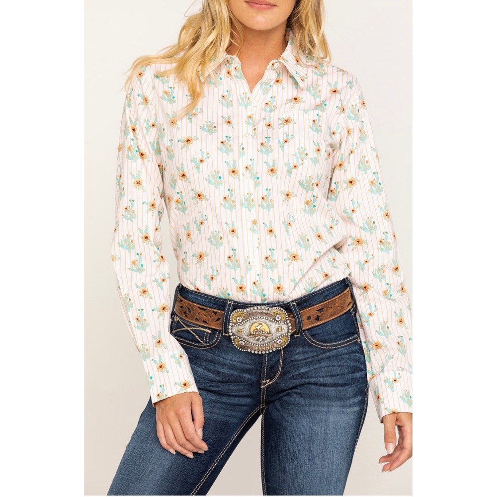 Ariat REAL Kirby Cactus Bloom Western Shirt Womens XS White Striped Long Sleeve