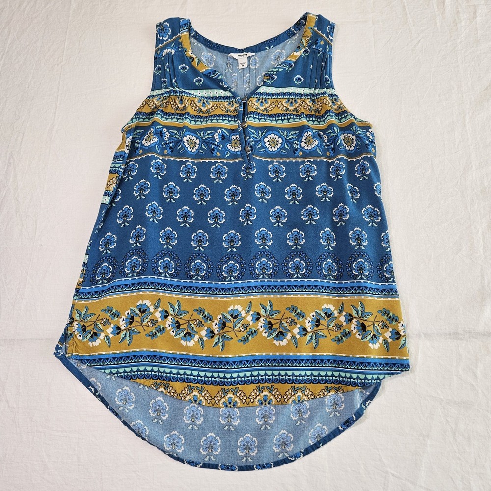 Sonoma Sleeveless Flowy Boho Tank Tunic Blue Mustard Floral Striped Top Medium