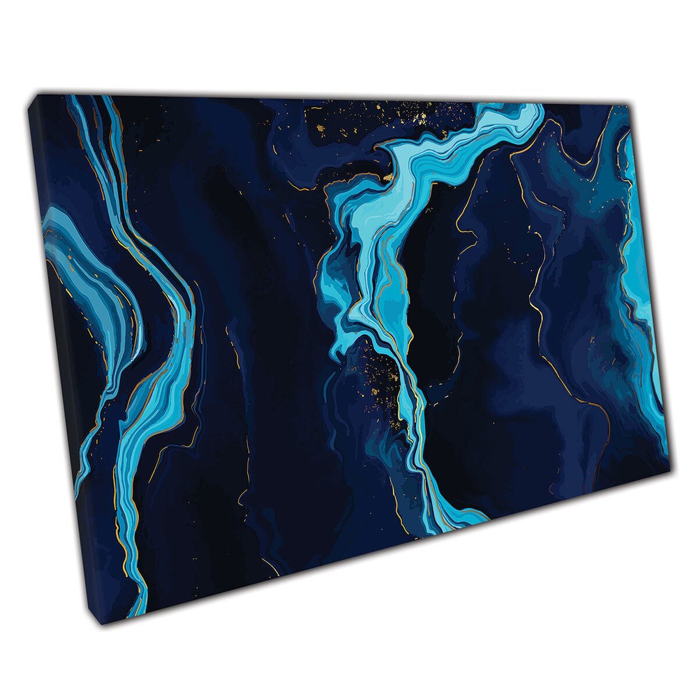 Blue Gold Ocean Style Natural Marbling Swirl Pattern Canvas Wall Art Print