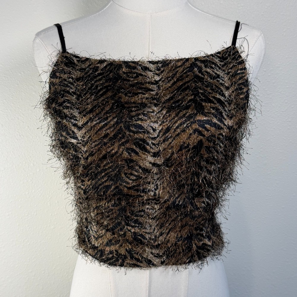 Animal Print Fuzzy Camisole Top Women S/M Brown Black Tie Back Strappy