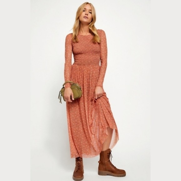 Free People Sz Large Hello And Goodbye Mesh Floral Midi Dress Brown Cottagecore