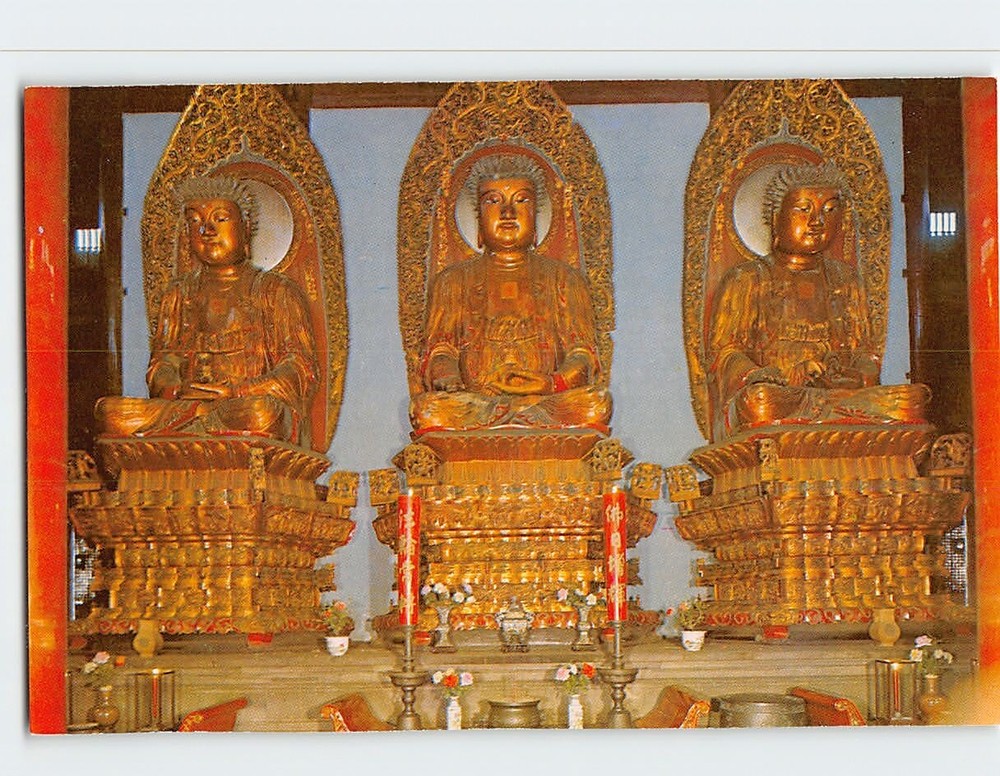 Postcard Three Gant Buddhas in Grand Hall Shanghai Jade Buddha Temple China