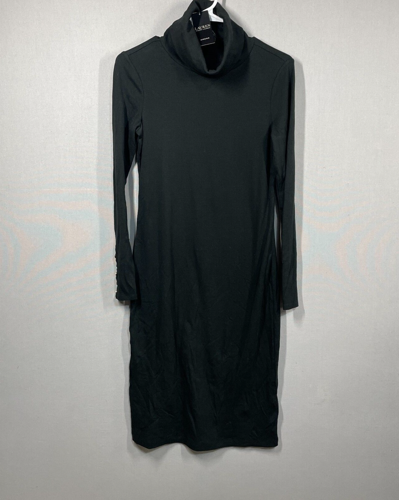Lauren Ralph Lauren Dress Women 4 Black Ribbed Midi Buttons Turtleneck Minimal