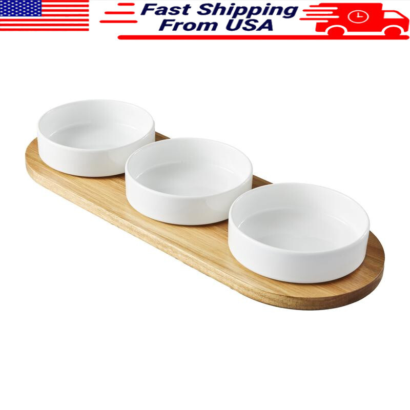 Acacia Wood Serving Tray with 3 Stoneware Bowls for Dips Snacks Condiments-image