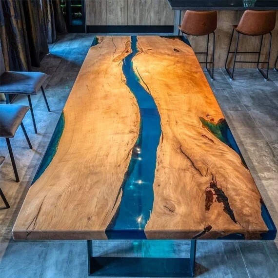 Acacia Wooden Epoxy Dining Table, Live Edge Table, Hallway Furniture Table Decor-image
