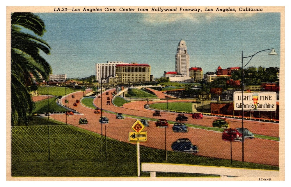 Los Angeles California CA Civic Center from Hollywood Freeway Linen Postcard