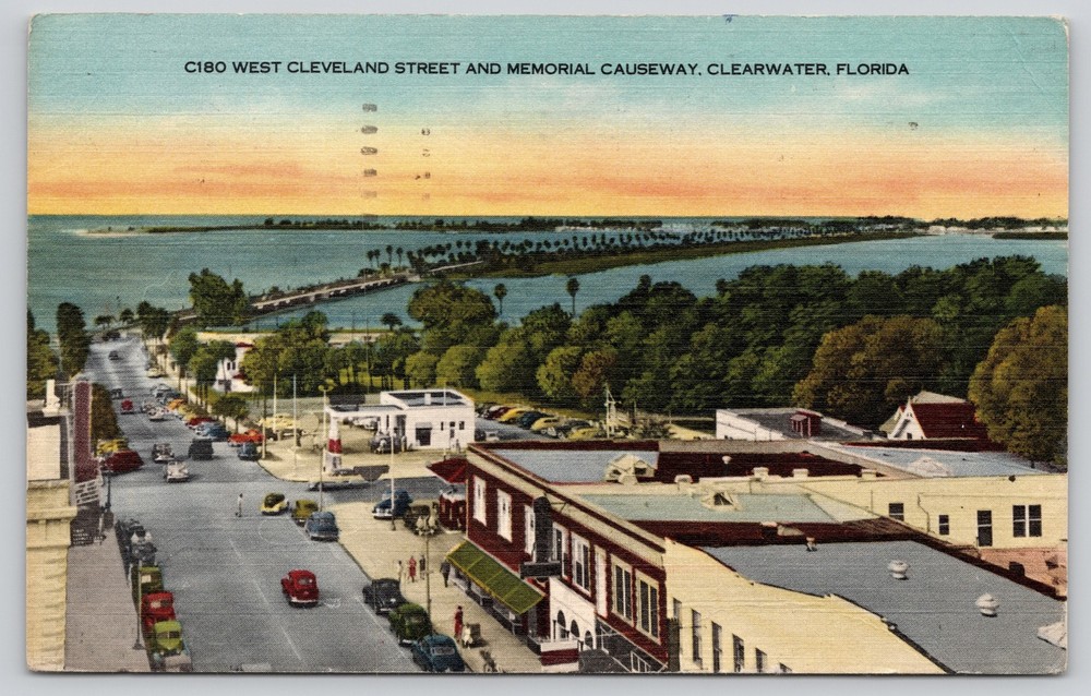 Vintage Clearwater Florida West Cleveland Street Memorial Causeway Postcard