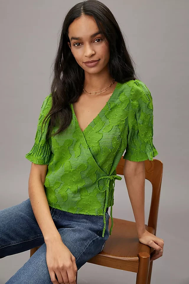 Anthropologie Maeve Verdi Textured Wrap Blouse Small Green Puff Sleeve Boho