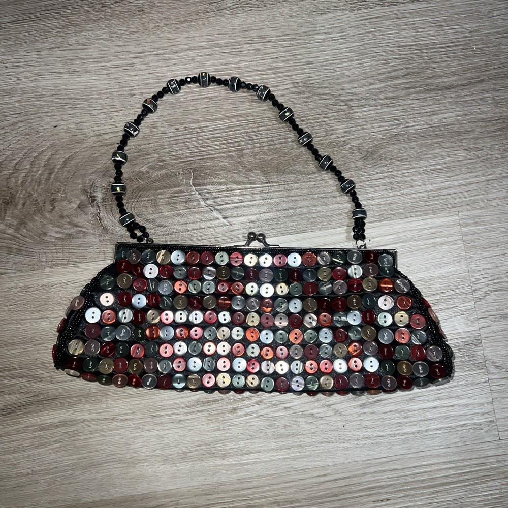 Vintage 90's Far Nine Black Clutch Purse With Kiss Clasp. Beaded Handle