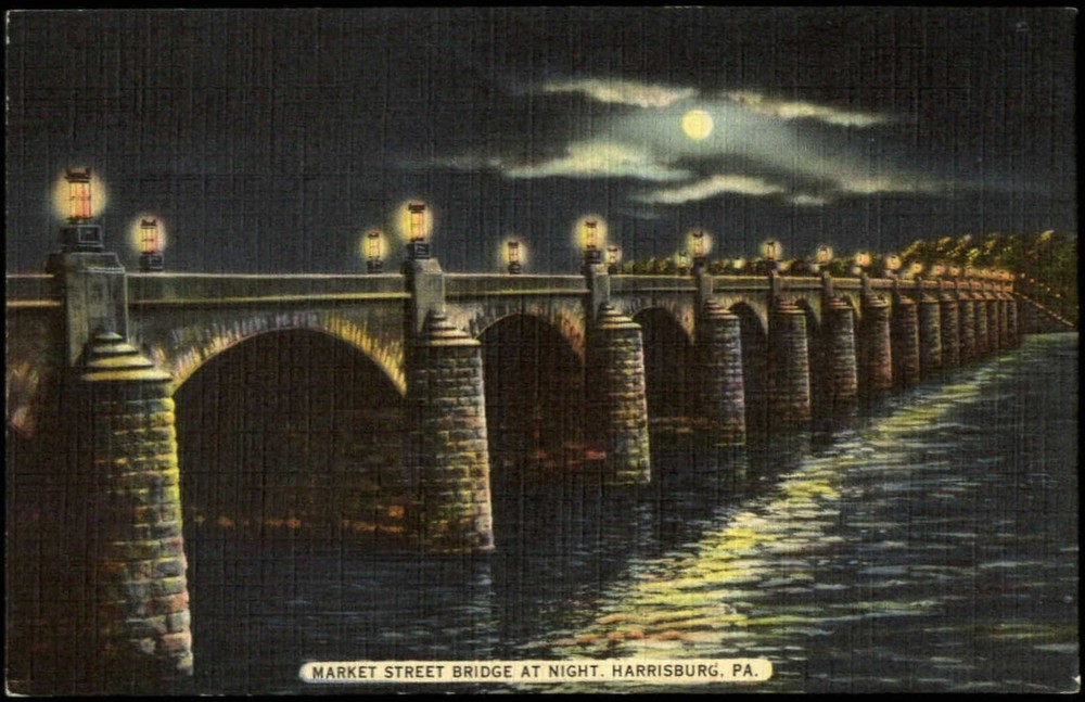 Market Street Bridge night scene moon Harrisburg Pennsylvania PA 1940s