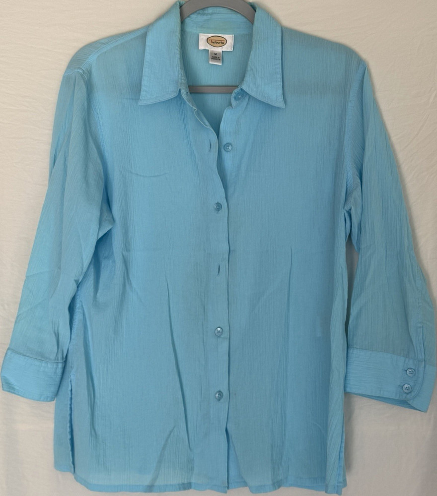 Talbots Blouse Blue Collared Button-Up 3/4 Sleeve Women's Regular Size M