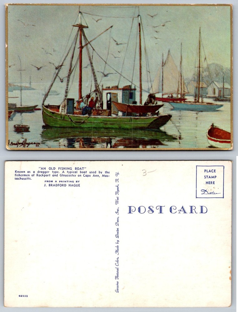 Vintage J. Bradford Hague Painting Postcard Old Fishing Boat Cape Ann MA