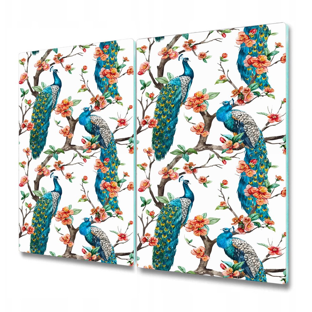 Glass Induction Ceramic Hob Cover Worktop Saver Peacock blue and red art 2x30x52