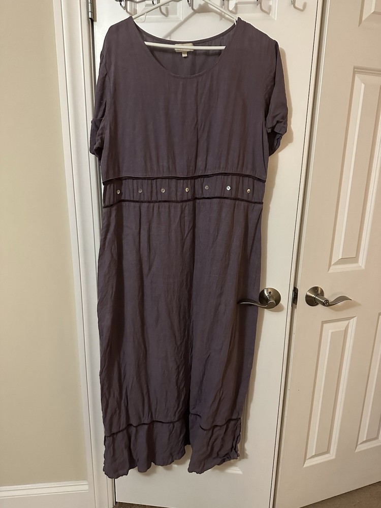 Vintage J Jill Maxi Dress Size Large Purple 100% Linen Hand Colored USA Button