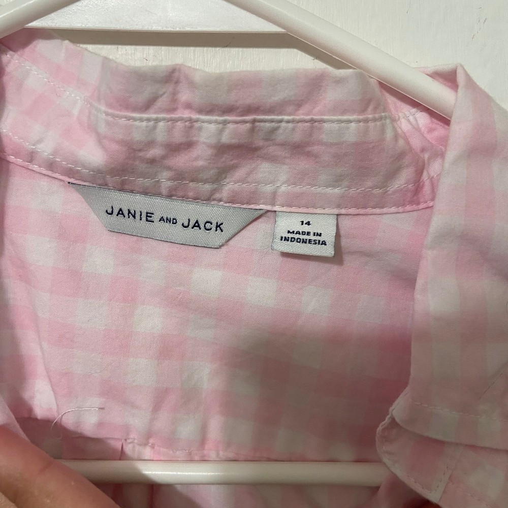 Janie and Jack Kids Pink White Gingham Long Sleeve Button Up Shirt Size 14